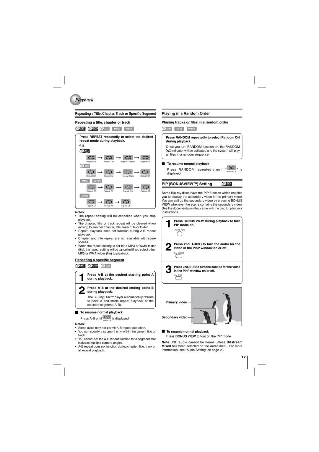 Toshiba BDX4150KU owner manual Repeating a title, chapter or track, PIP Bonusview Setting, Repeating a speciﬁc segment 