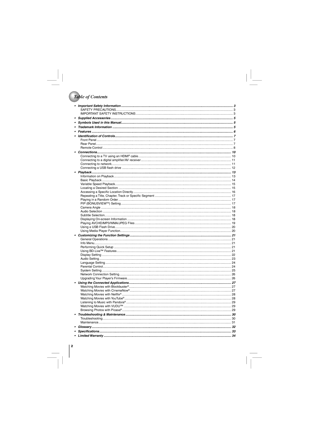 Toshiba BDX4150KU owner manual Table of Contents 