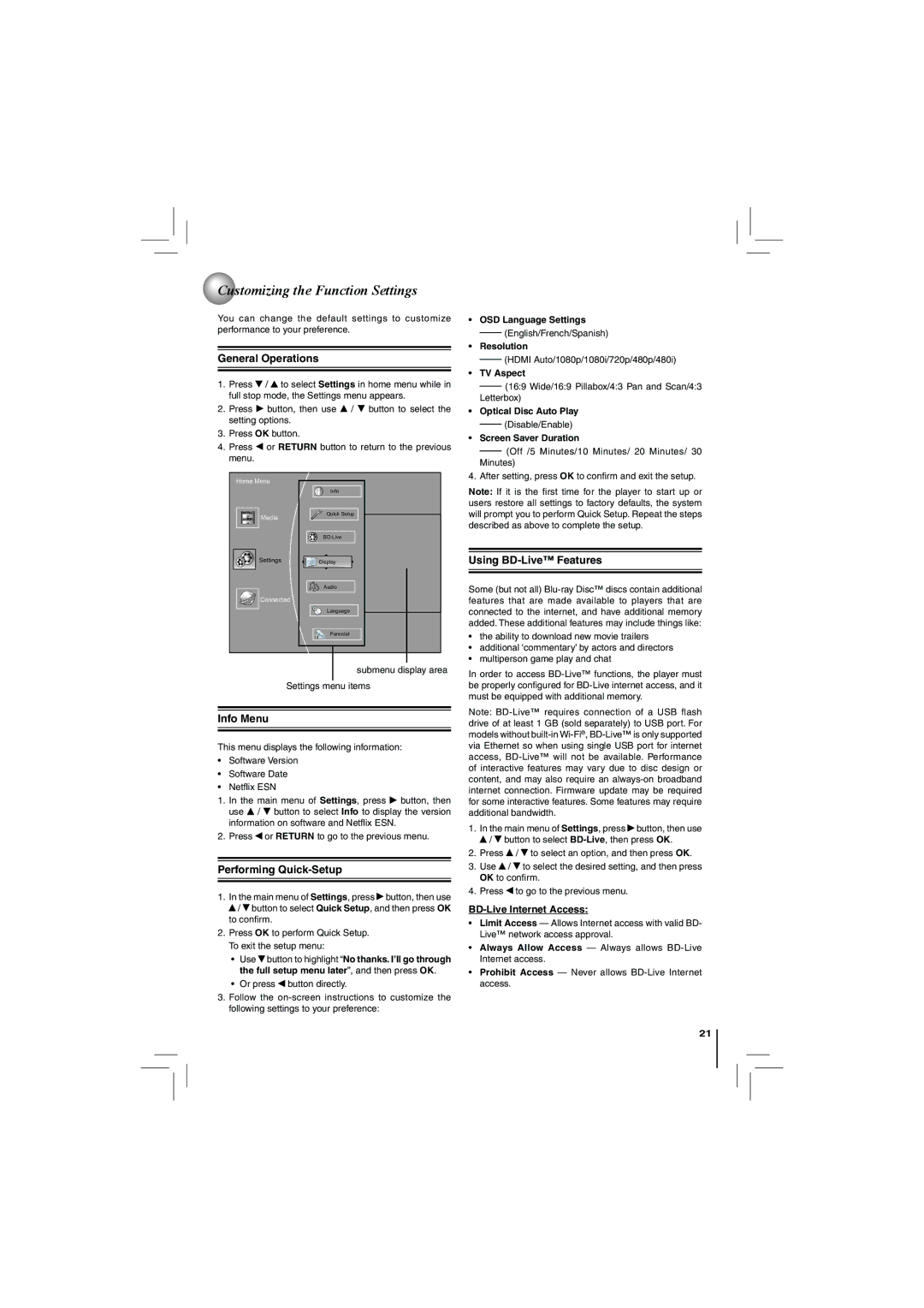 Toshiba BDX4150KU owner manual Customizing the Function Settings 