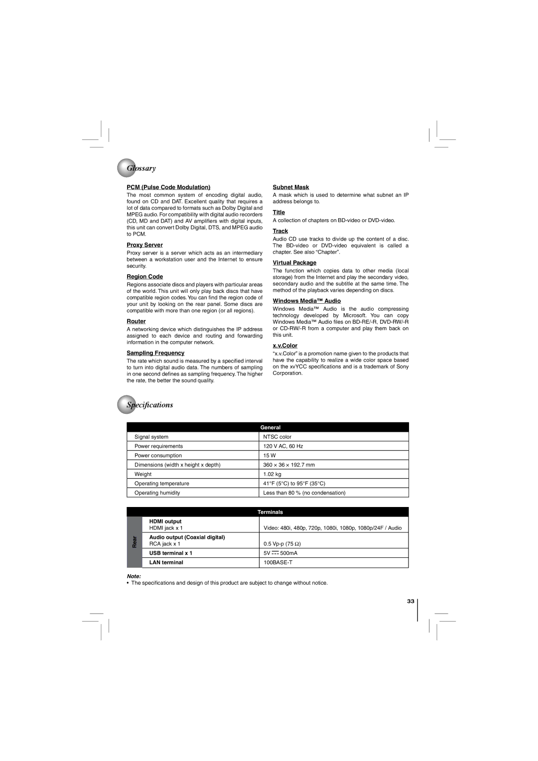 Toshiba BDX4150KU owner manual Speciﬁ cations 