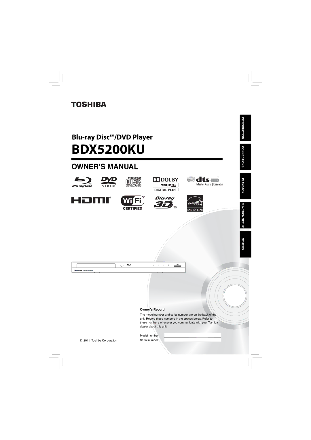 Toshiba bdx5200ku owner manual BDX5200KU, Owner’s Record 