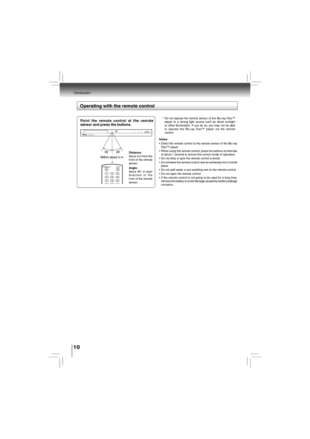 Toshiba bdx5200ku owner manual Operating with the remote control, Distance, Angle 