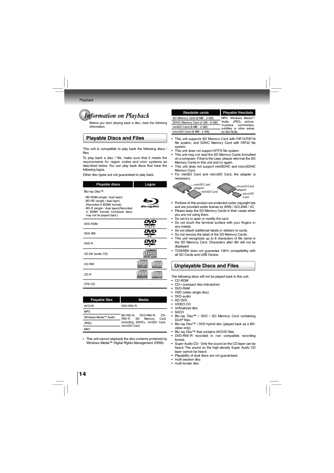 Toshiba bdx5200ku owner manual Information on Playback, Playable Discs and Files, Unplayable Discs and Files 