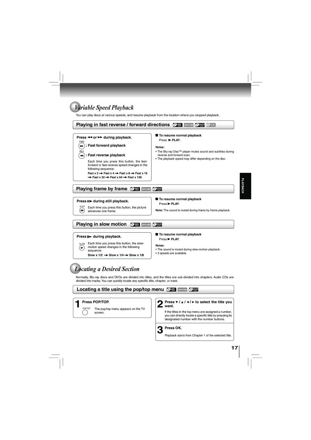 Toshiba bdx5200ku owner manual Variable Speed Playback, Locating a Desired Section 