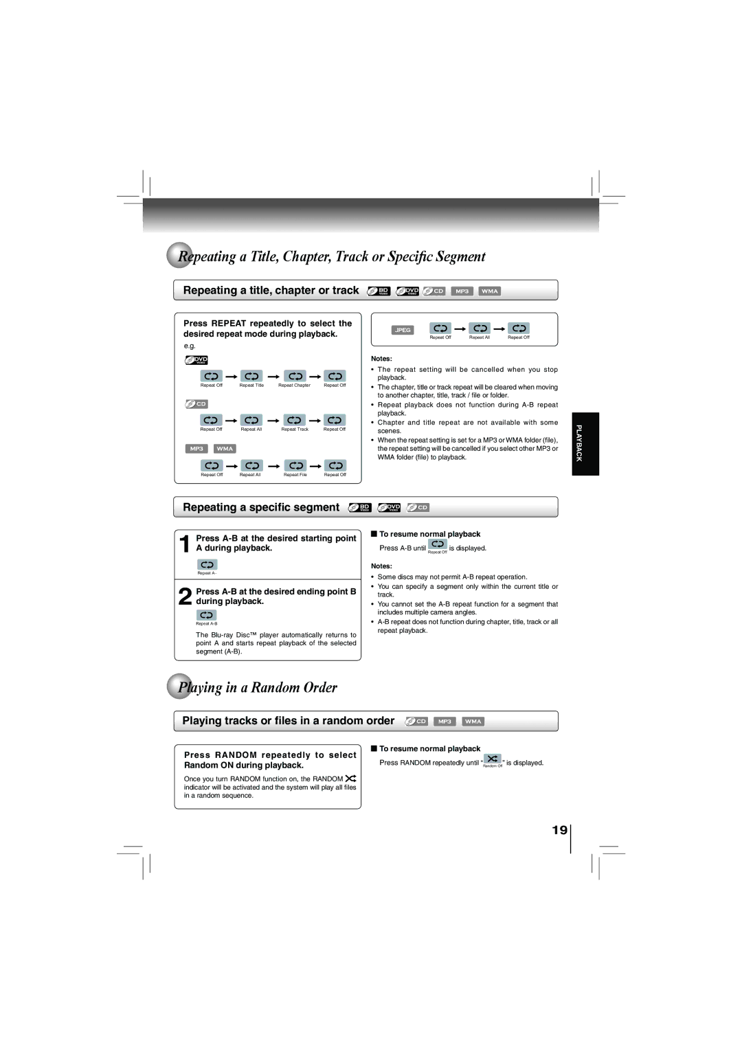 Toshiba bdx5200ku owner manual Repeating a Title, Chapter, Track or Speciﬁ c Segment, Playing in a Random Order 