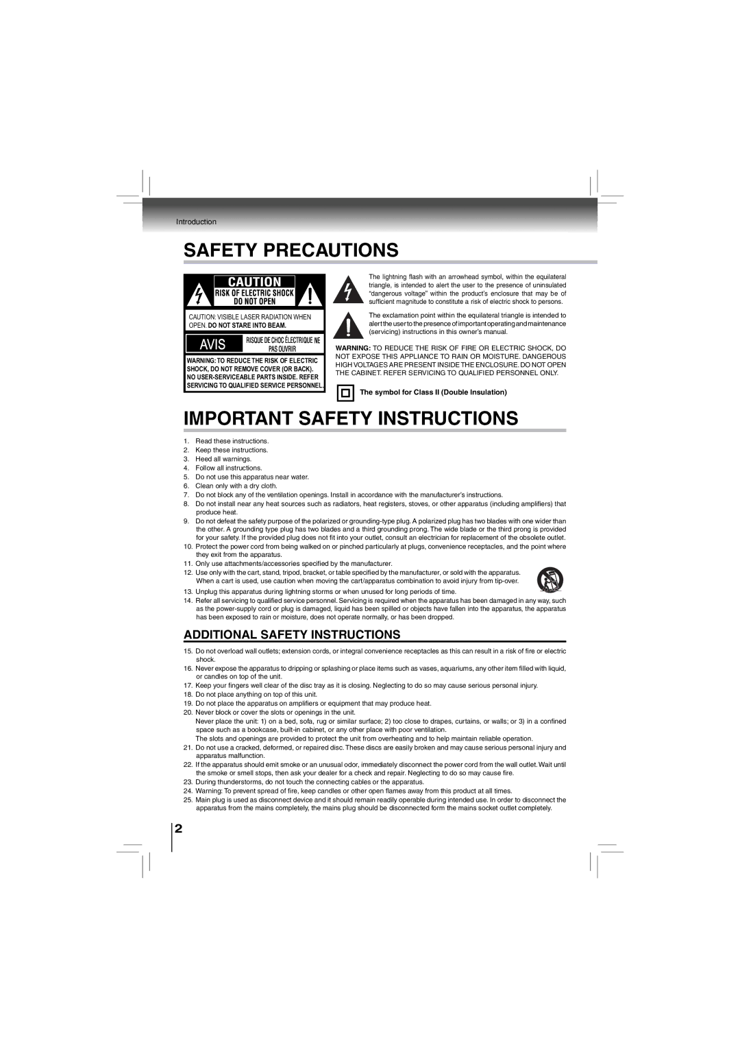 Toshiba bdx5200ku owner manual Safety Precautions, Symbol for Class II Double lnsulation 