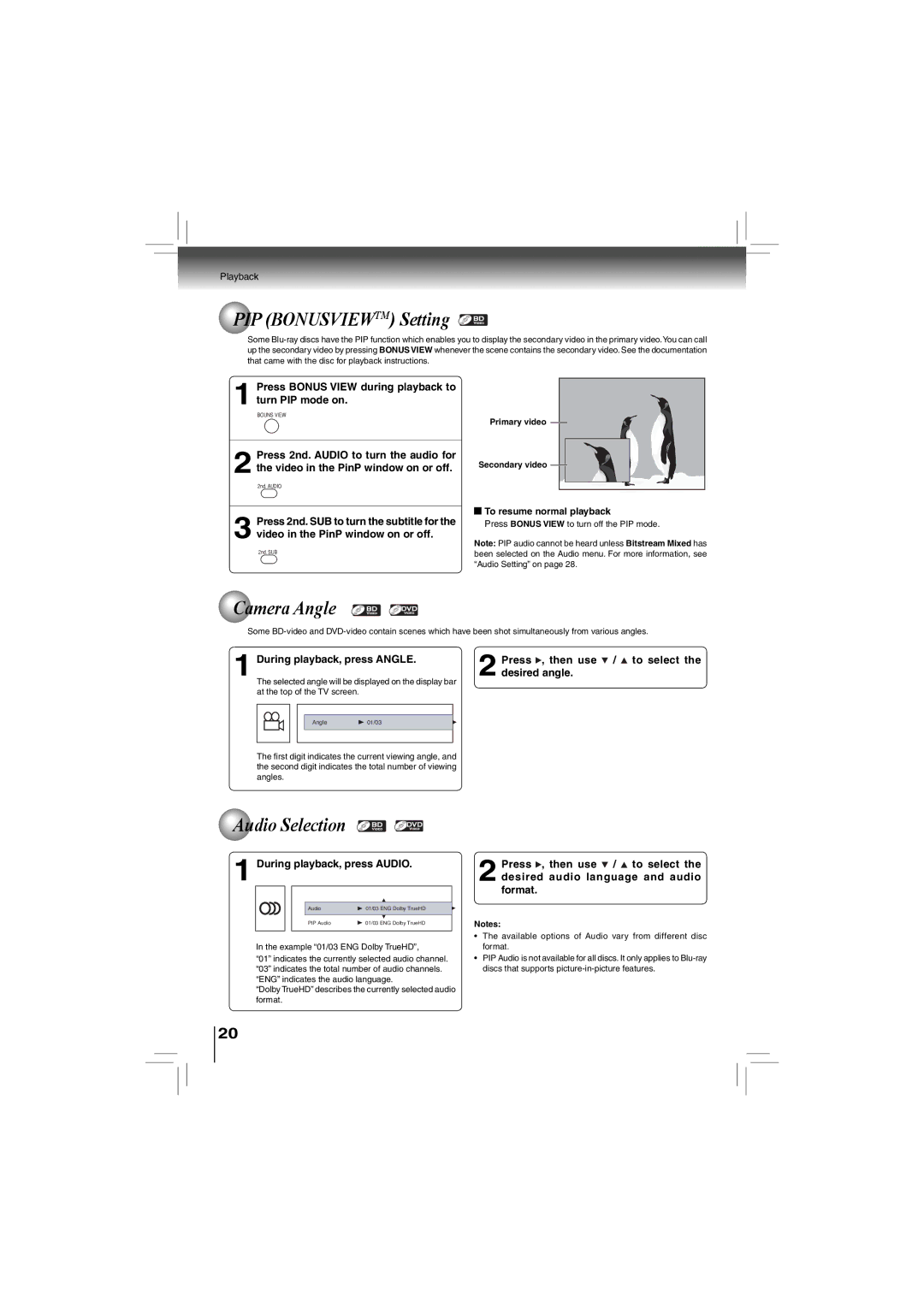 Toshiba bdx5200ku owner manual PIP Bonusviewtm Setting, Camera Angle, Audio Selection, During playback, press Audio 