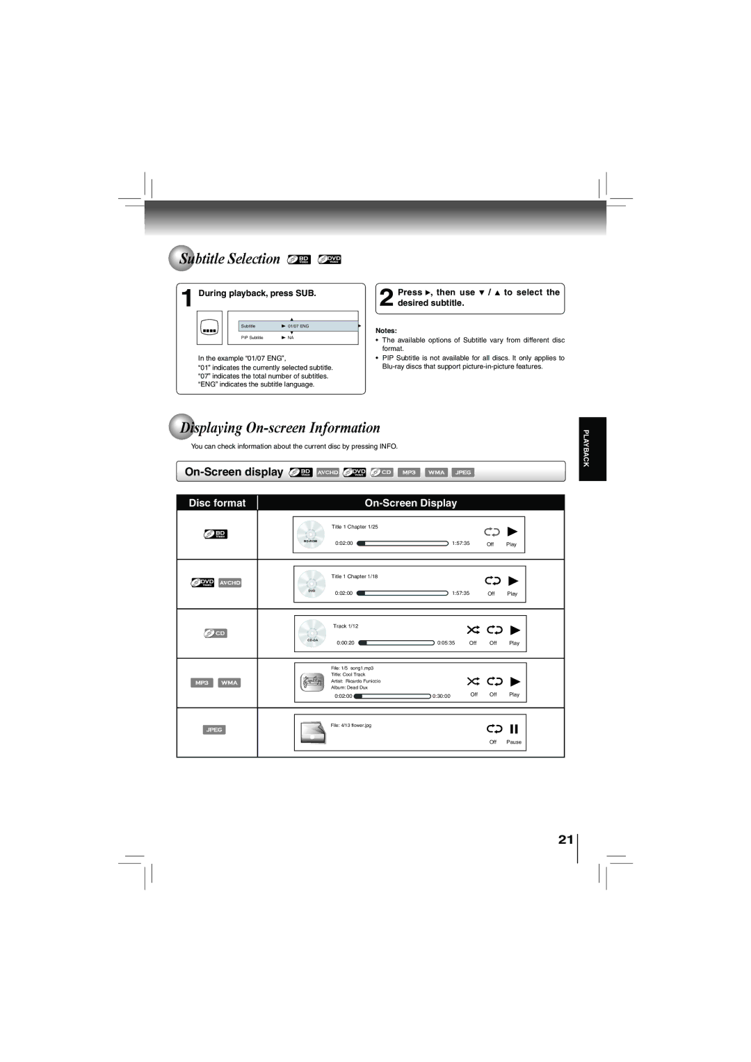 Toshiba bdx5200ku owner manual Displaying On-screen Information, On-Screen display, During playback, press SUB 