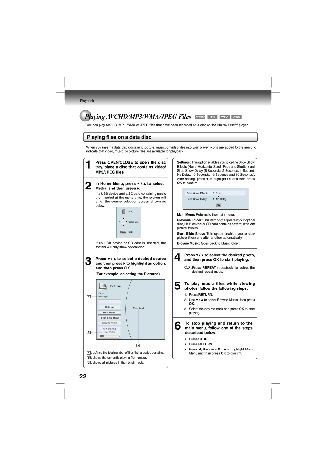 Toshiba bdx5200ku owner manual Playing AVCHD/MP3/WMA/JPEG Files, Playing ﬁles on a data disc 