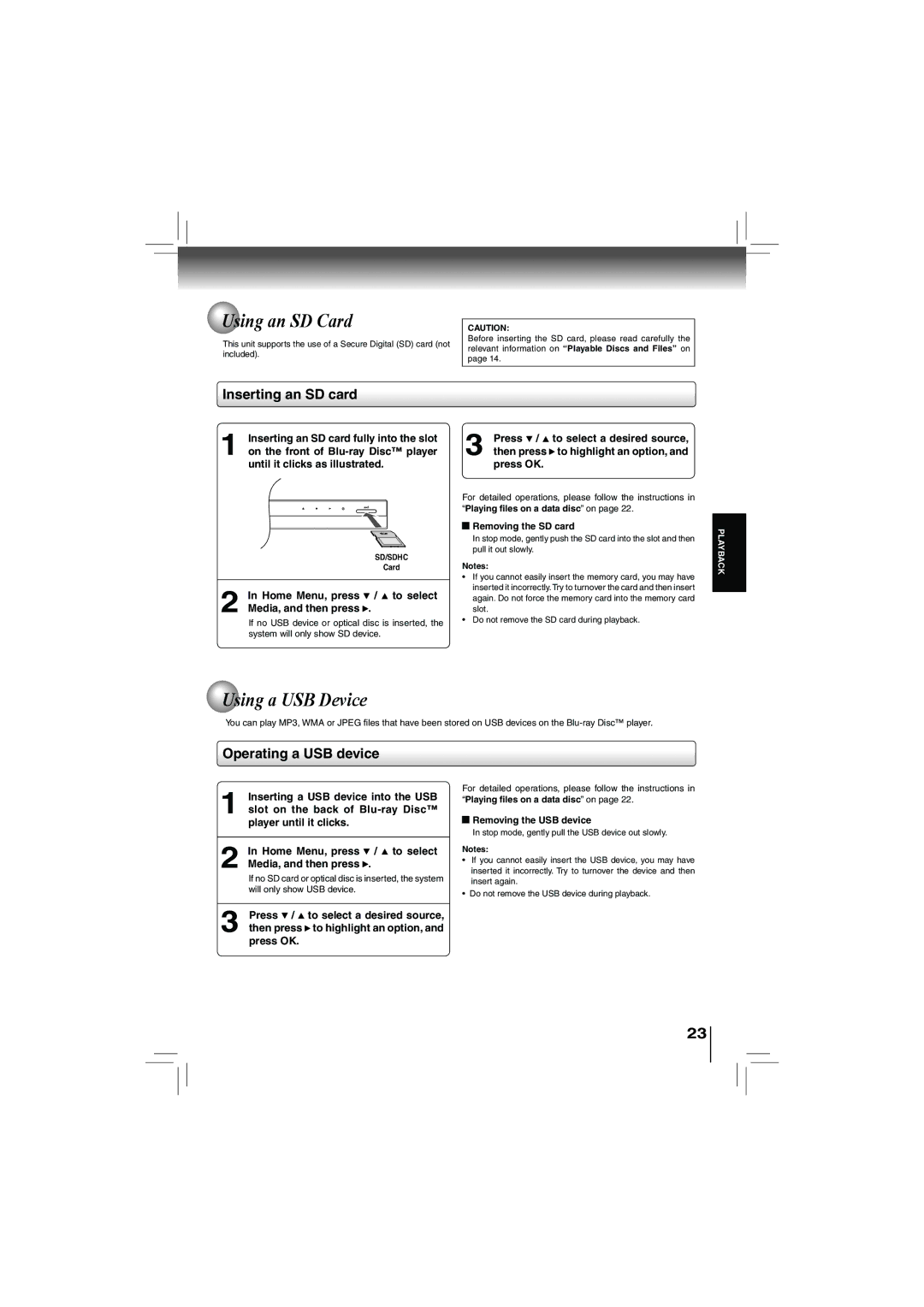 Toshiba bdx5200ku owner manual Using an SD Card, Using a USB Device, Inserting an SD card, Operating a USB device 