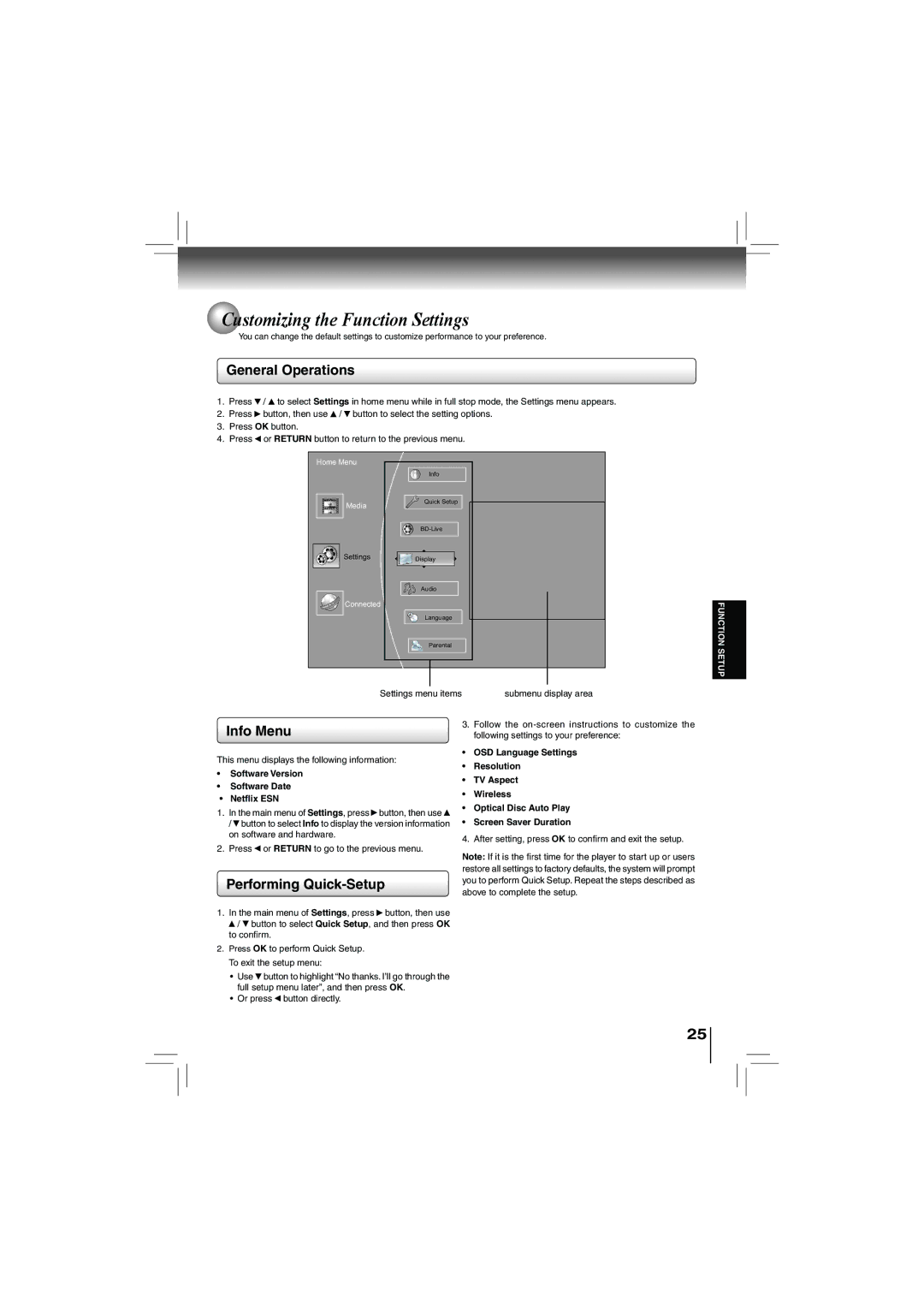 Toshiba bdx5200ku owner manual Customizing the Function Settings, General Operations, Info Menu, Performing Quick-Setup 