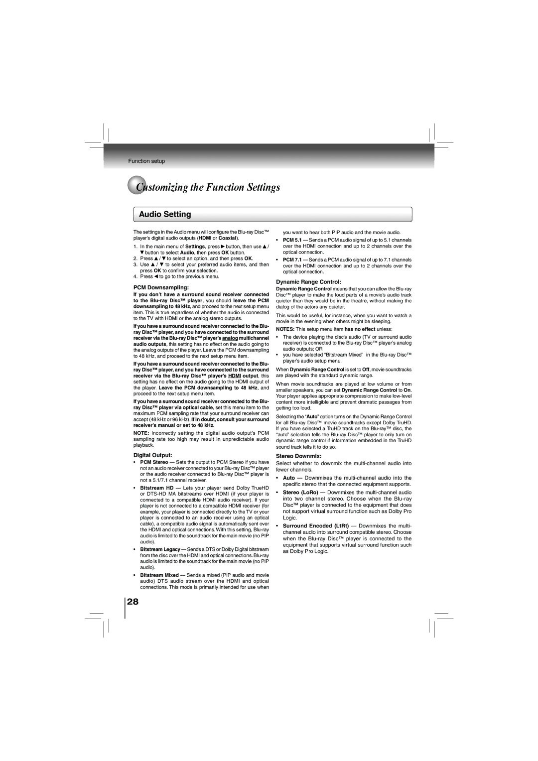 Toshiba bdx5200ku owner manual Audio Setting, PCM Downsampling, Dynamic Range Control, Digital Output, Stereo Downmix 