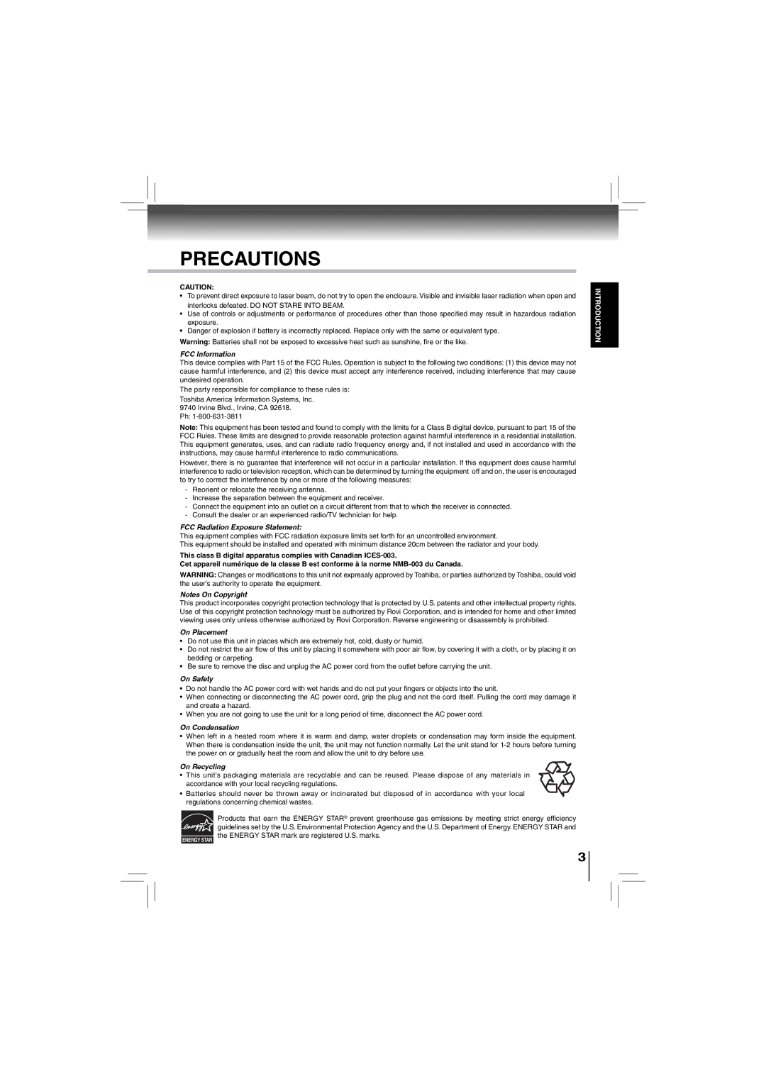 Toshiba bdx5200ku owner manual Precautions 