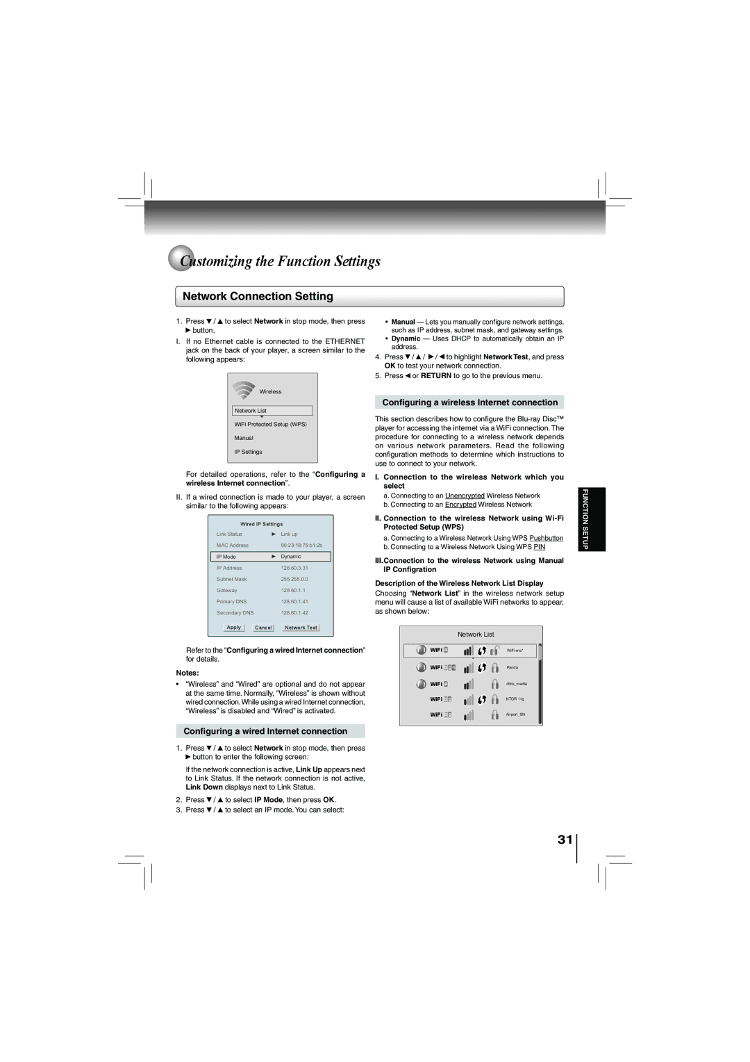 Toshiba bdx5200ku owner manual Network Connection Setting, Conﬁguring a wireless Internet connection 