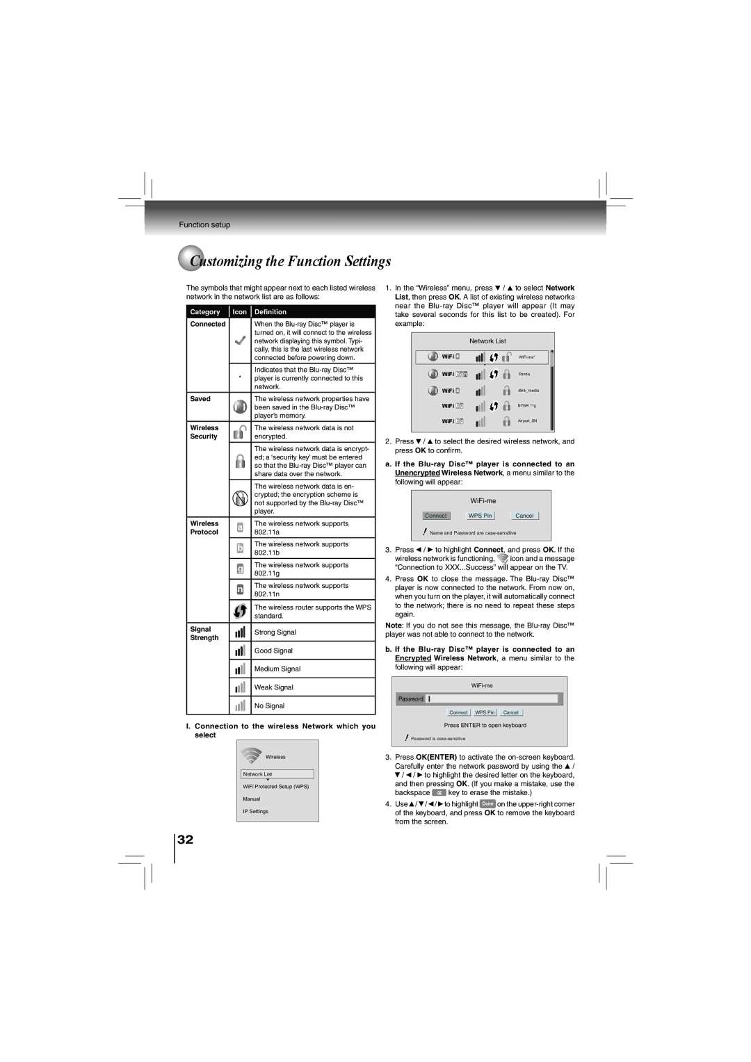 Toshiba bdx5200ku owner manual Connected, Saved, Security, Wireless Wireless network supports Protocol 802.11a 