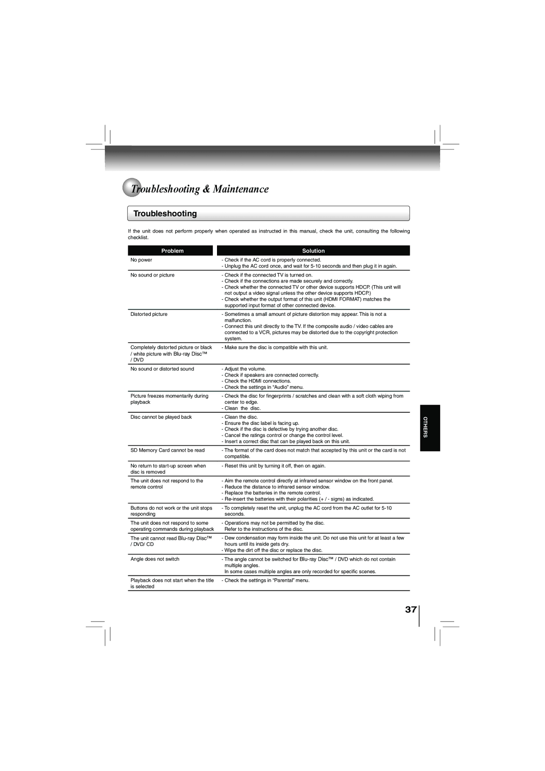 Toshiba bdx5200ku owner manual Troubleshooting & Maintenance 