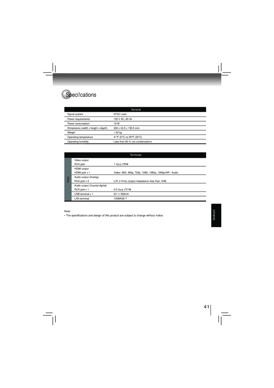 Toshiba bdx5200ku owner manual Speciﬁ cations, Rear 