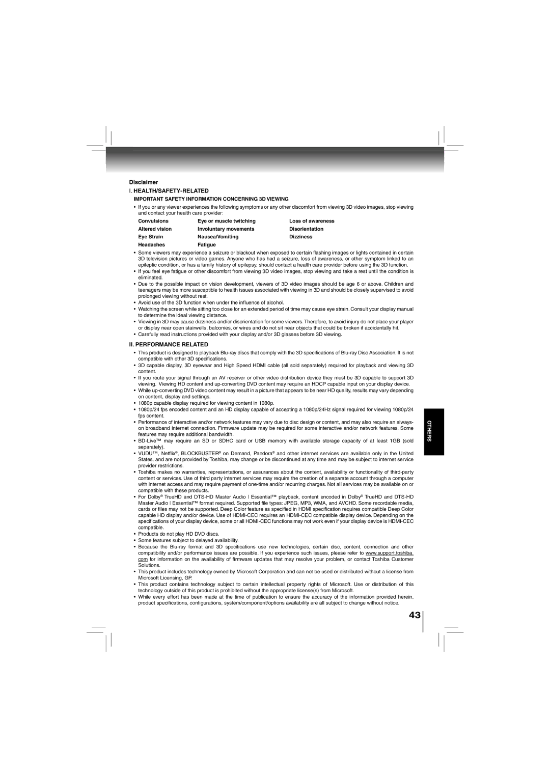 Toshiba bdx5200ku owner manual Disclaimer, Health/Safety-Related, II. Performance Related 