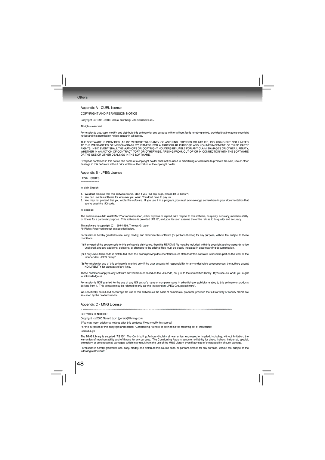 Toshiba bdx5200ku owner manual Appendix a Curl license, Appendix B Jpeg License, Appendix C MNG License 