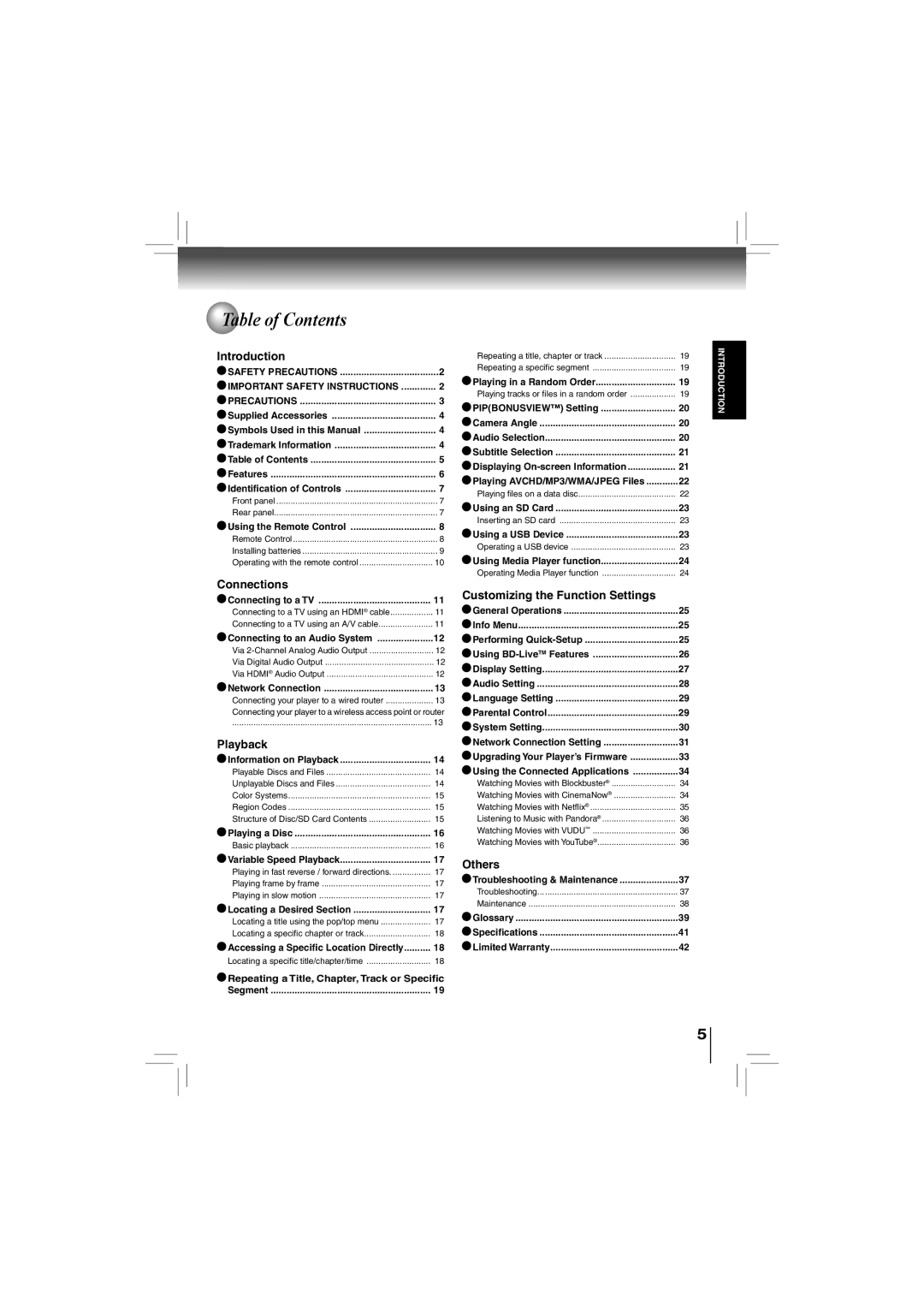 Toshiba bdx5200ku owner manual Table of Contents 