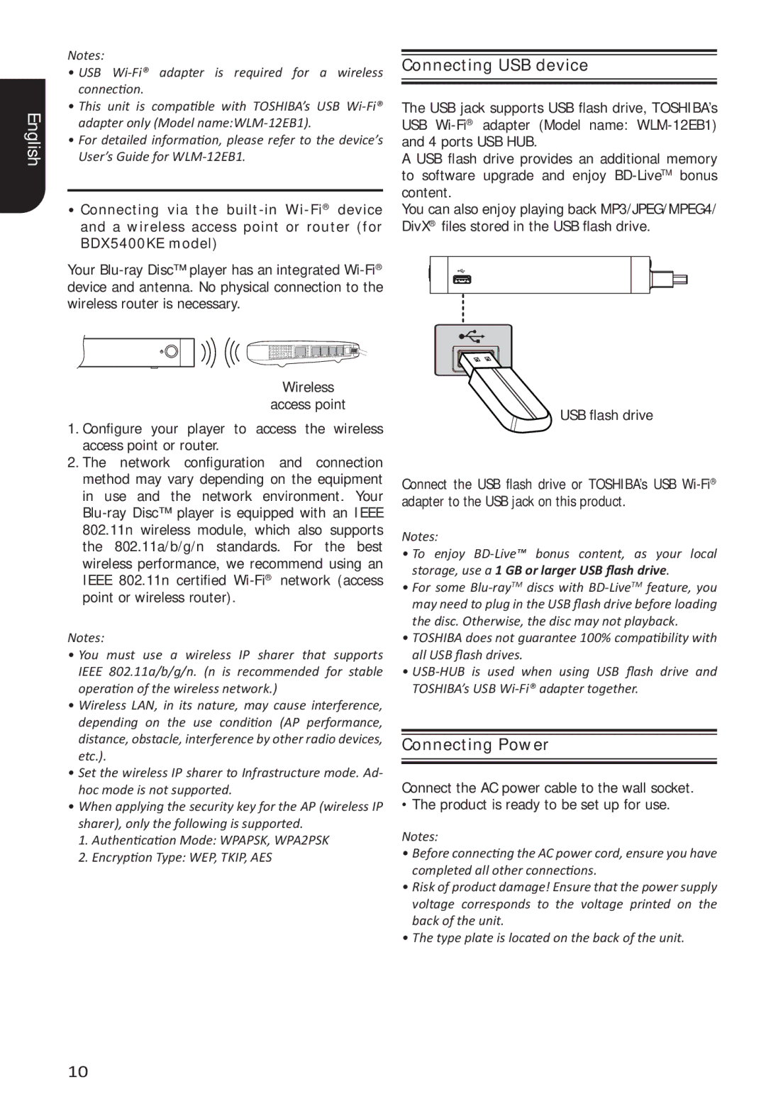 Toshiba BDX5400 owner manual Connecting USB device, USB ﬂash drive 