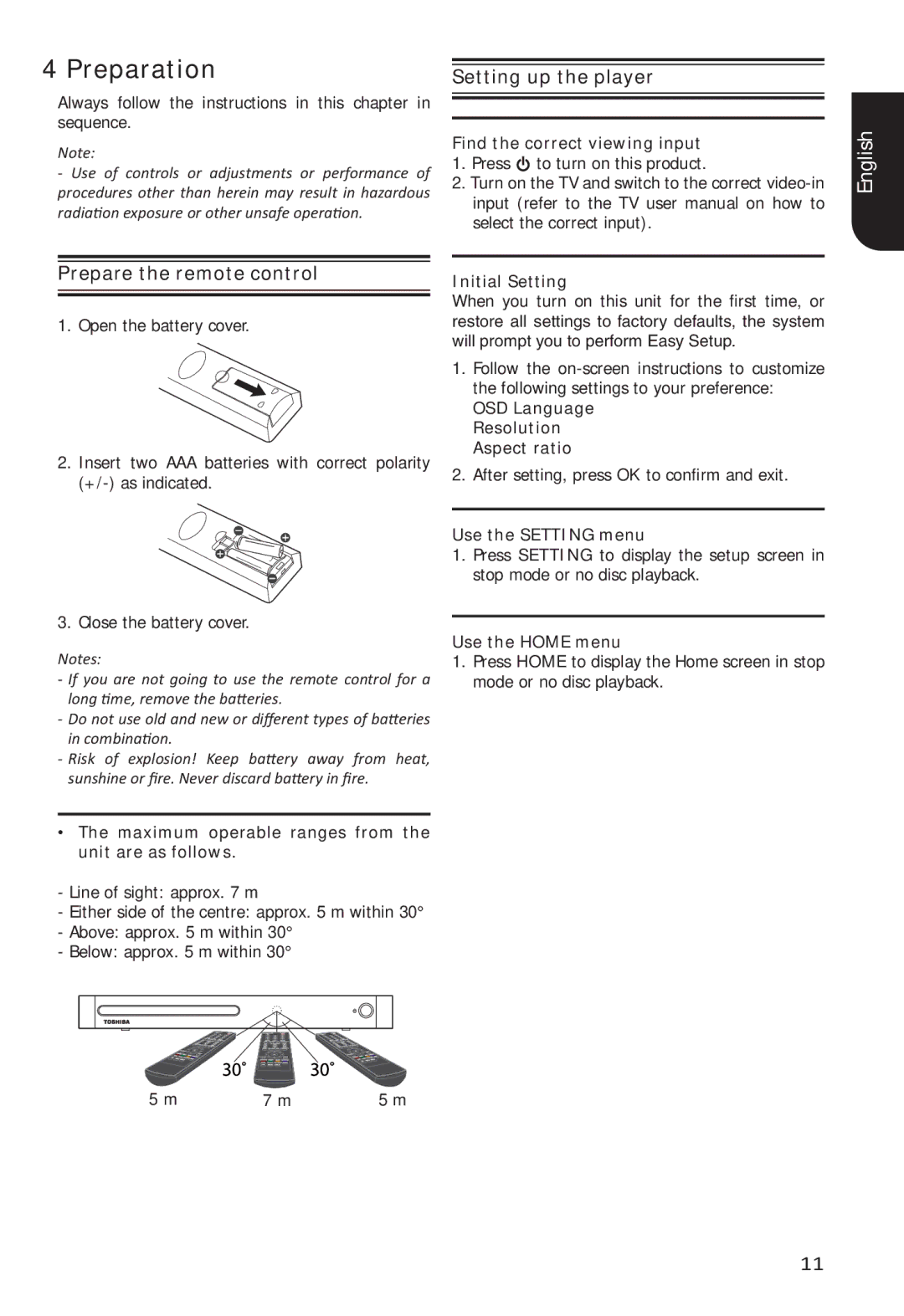 Toshiba BDX5400 owner manual Preparation, Prepare the remote control 