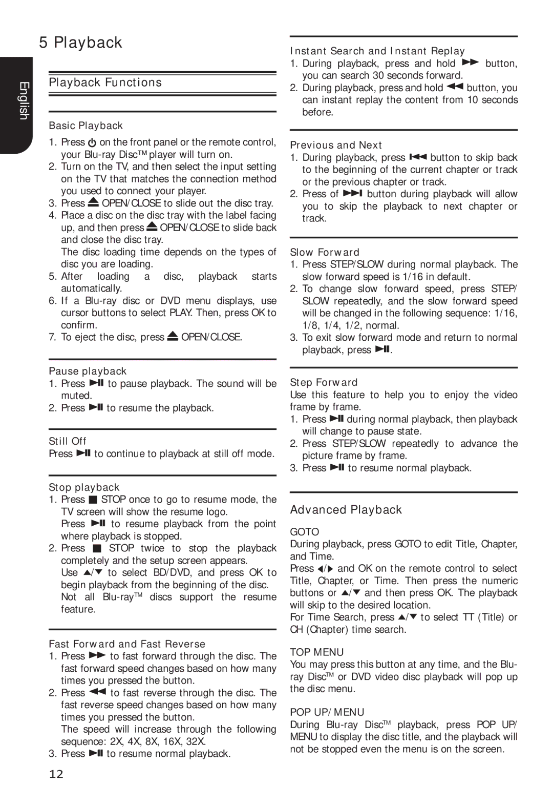 Toshiba BDX5400 owner manual Advanced Playback 