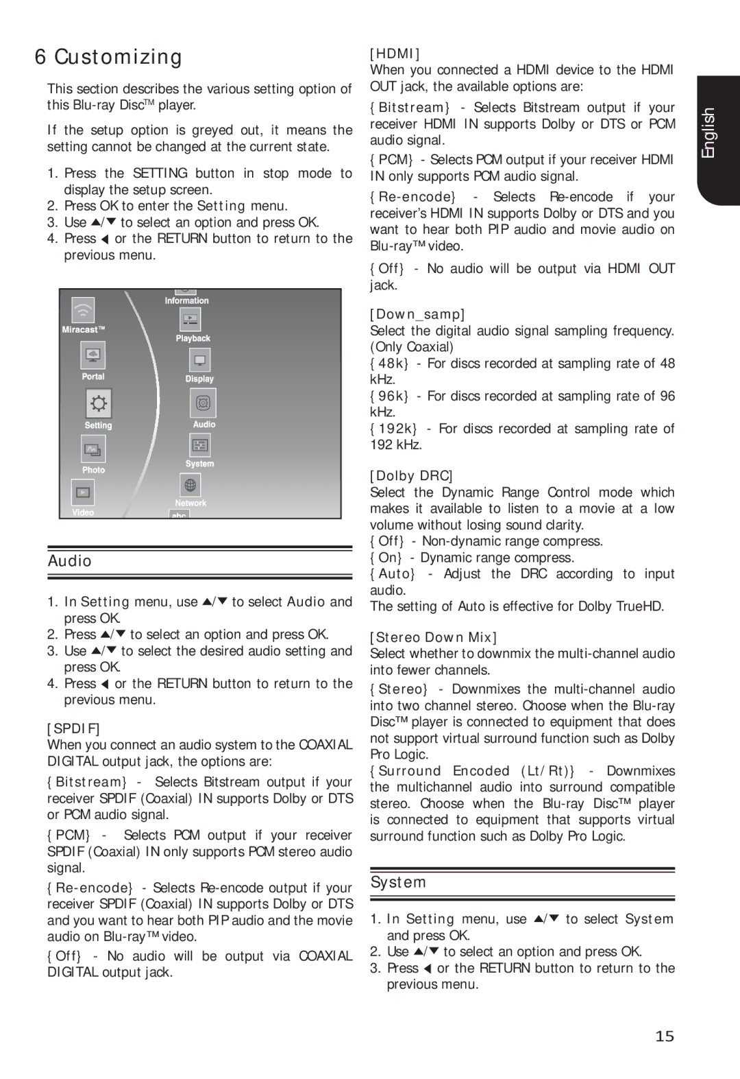 Toshiba BDX5400 owner manual Customizing, Audio, Spdif, Hdmi 