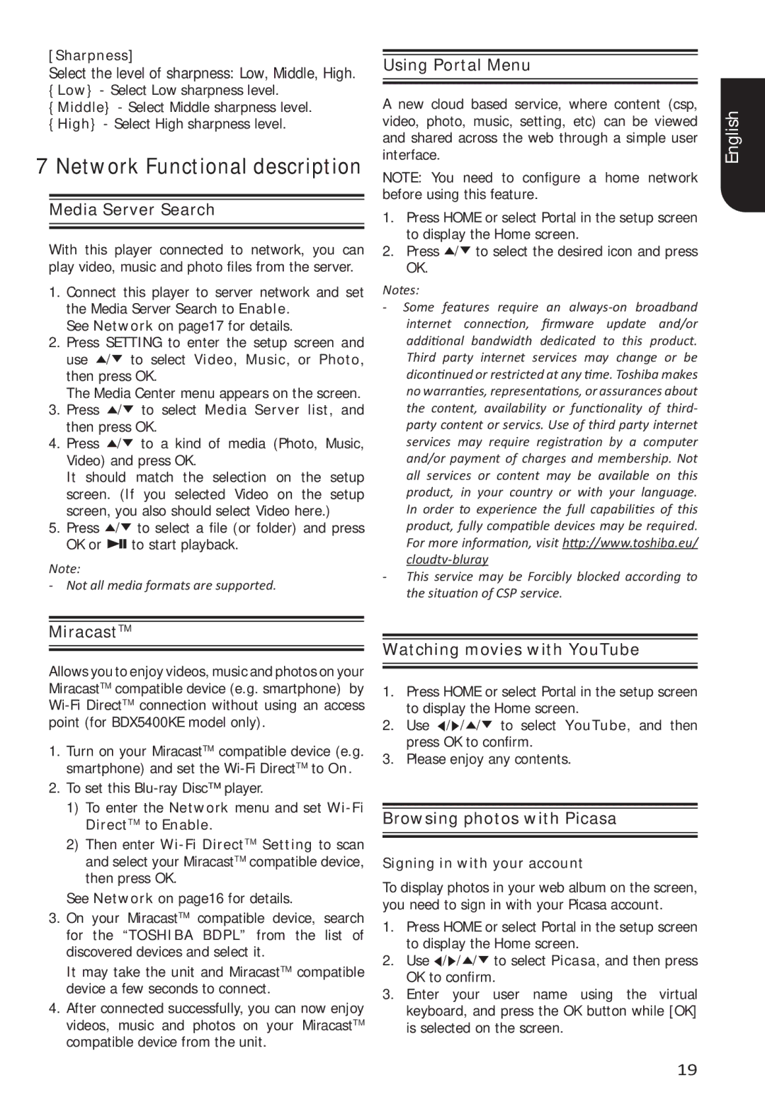 Toshiba BDX5400 owner manual Network Functional description 