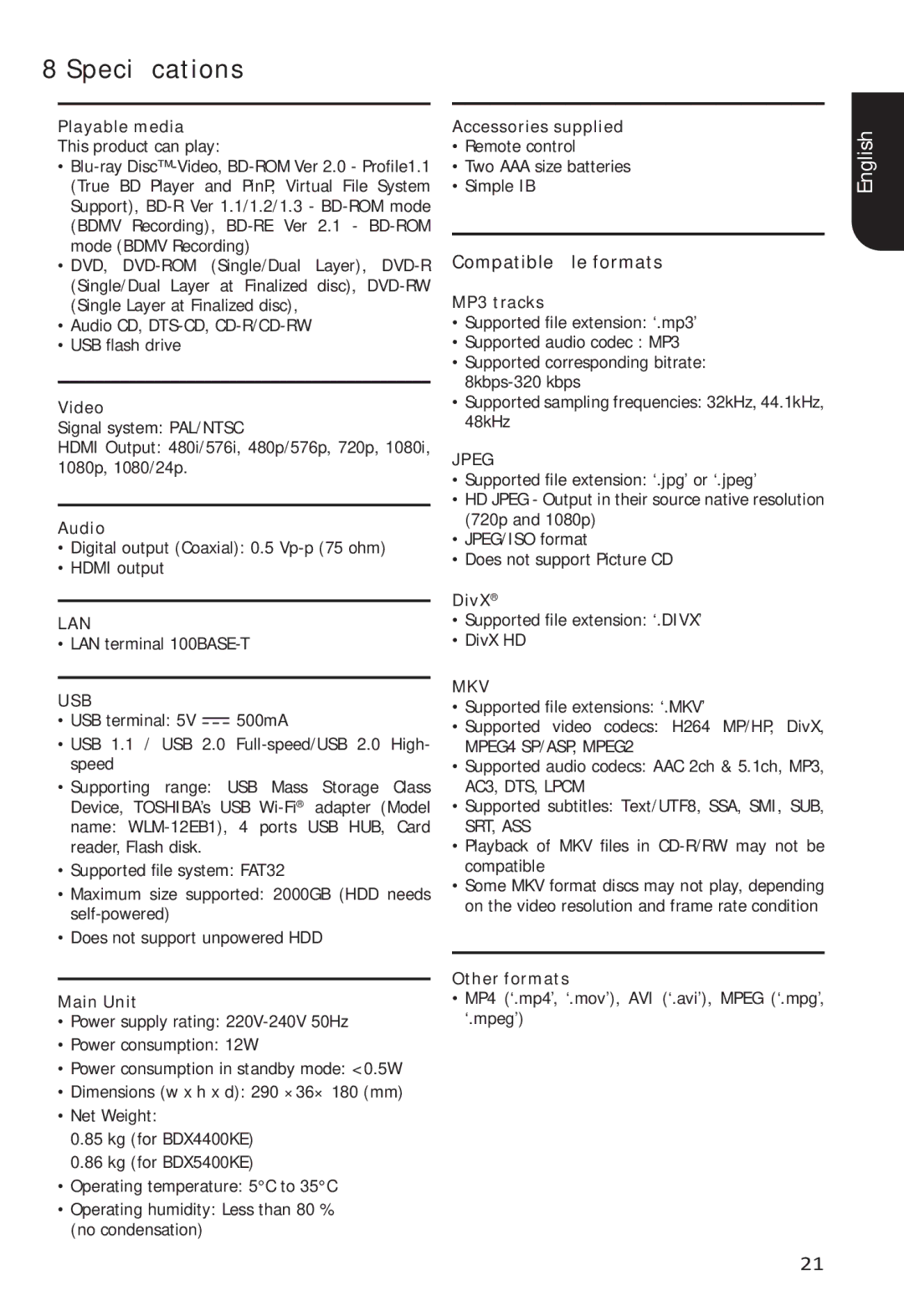 Toshiba BDX5400 owner manual Speciﬁcations, Lan, Usb, Jpeg, Mkv 