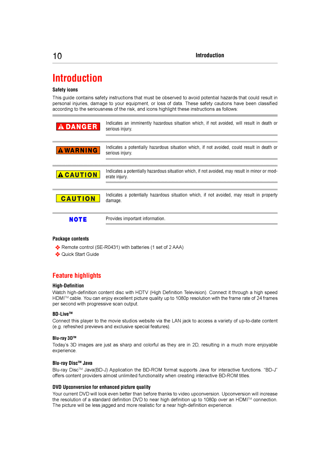 Toshiba BDX5400KC manual Introduction, Feature highlights 