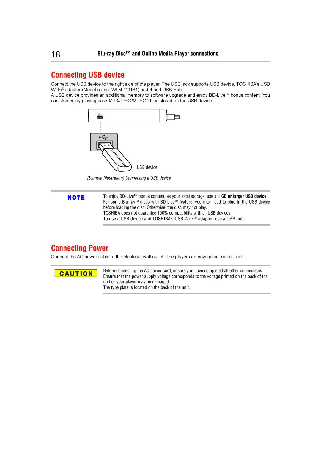 Toshiba BDX5400KC manual Connecting USB device, Connecting Power 