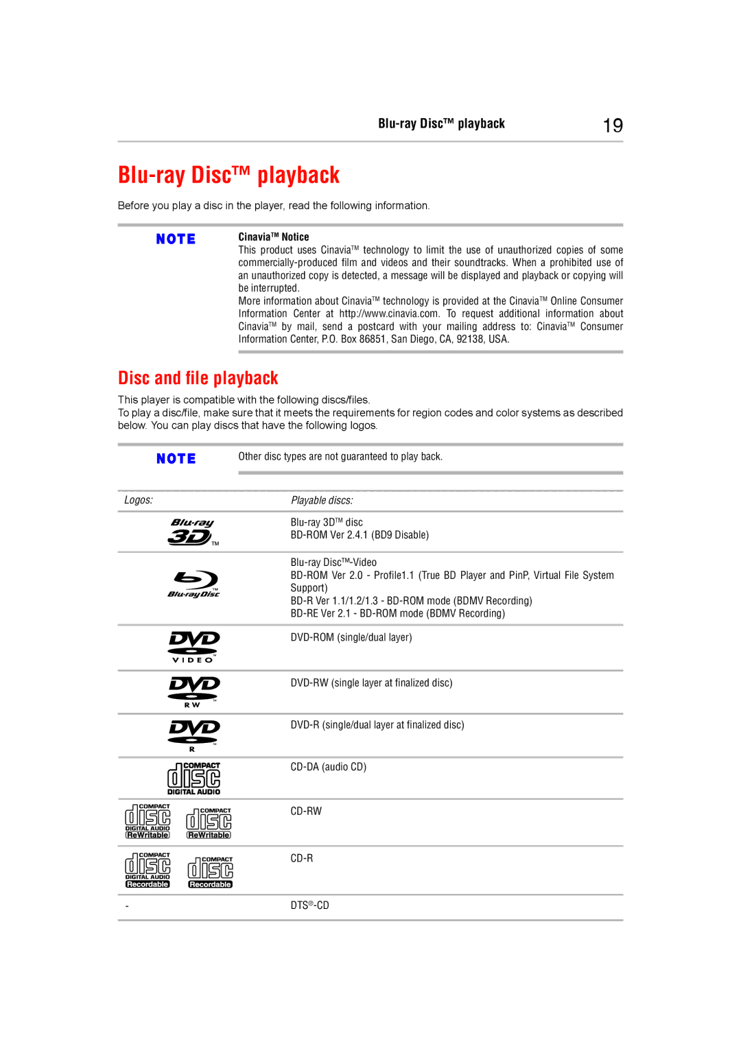 Toshiba BDX5400KC manual Blu-ray Disc playback, Disc and file playback, CinaviaTM Notice 