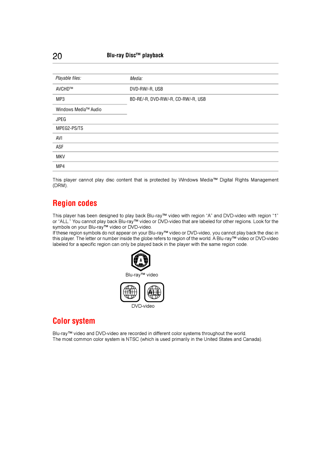 Toshiba BDX5400KC manual Region codes, Color system 