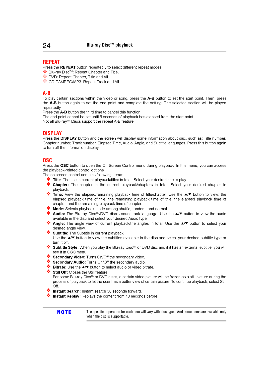 Toshiba BDX5400KC manual Repeat, Display, Osc 