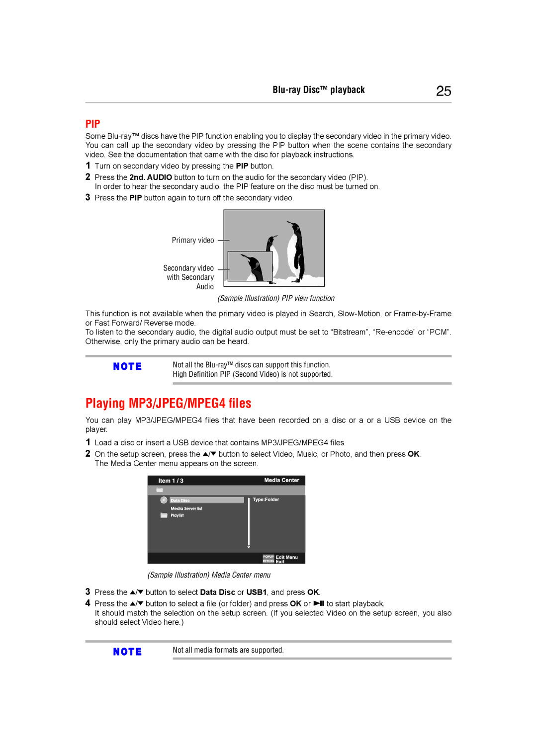 Toshiba BDX5400KC manual Playing MP3/JPEG/MPEG4 files, Pip 