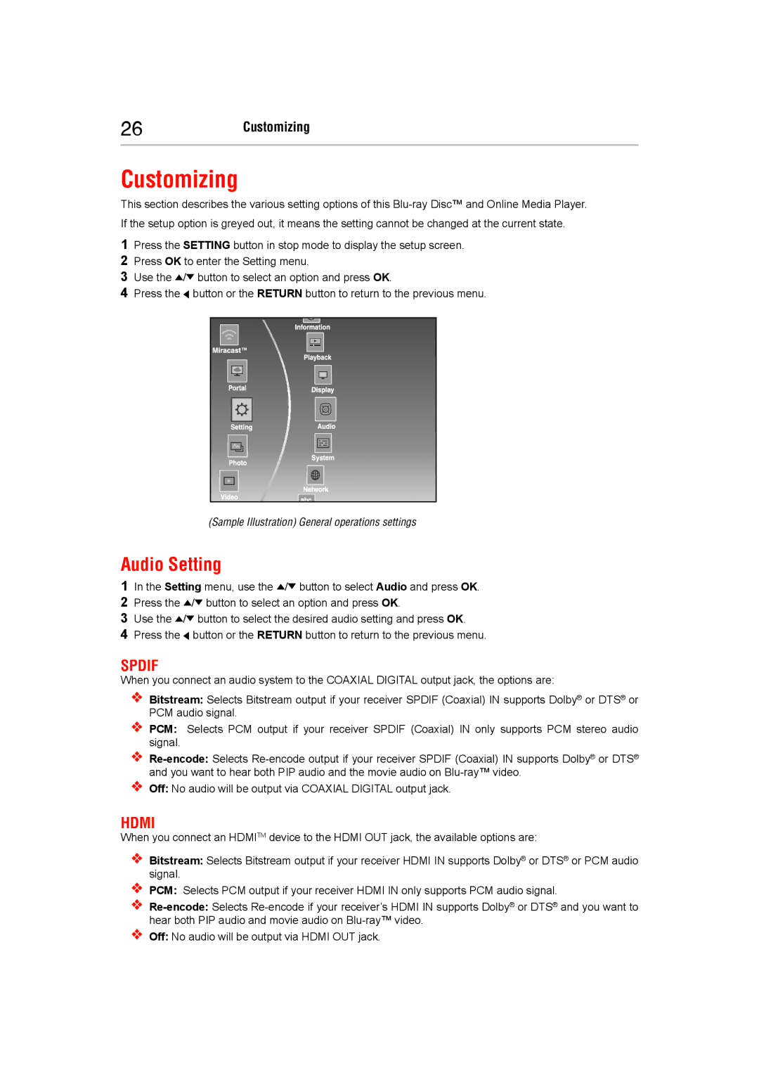 Toshiba BDX5400KC manual Customizing, Audio Setting, Spdif, Hdmi 