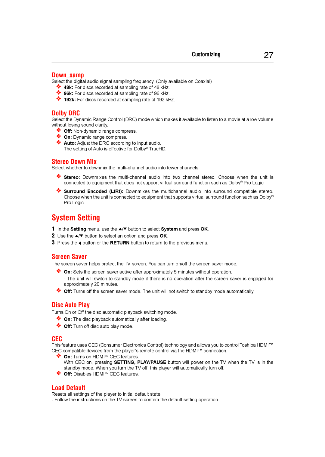 Toshiba BDX5400KC manual System Setting, Cec 