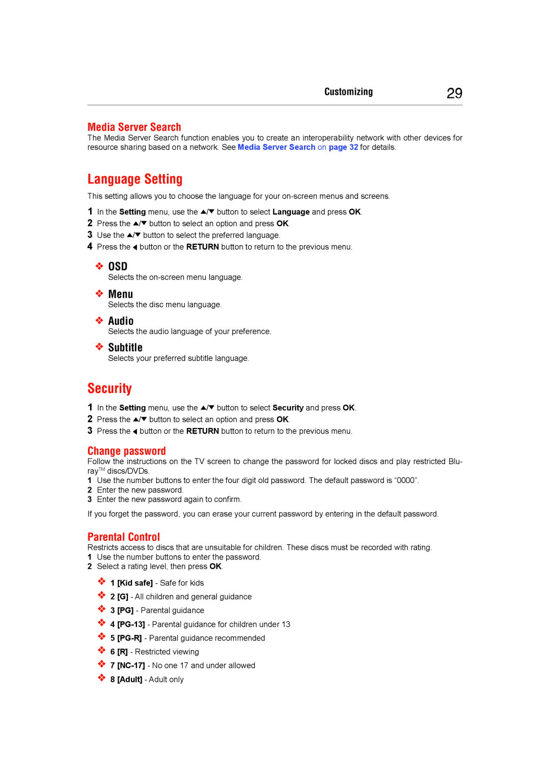 Toshiba BDX5400KC manual Language Setting, Security, Media Server Search, Change password, Parental Control 