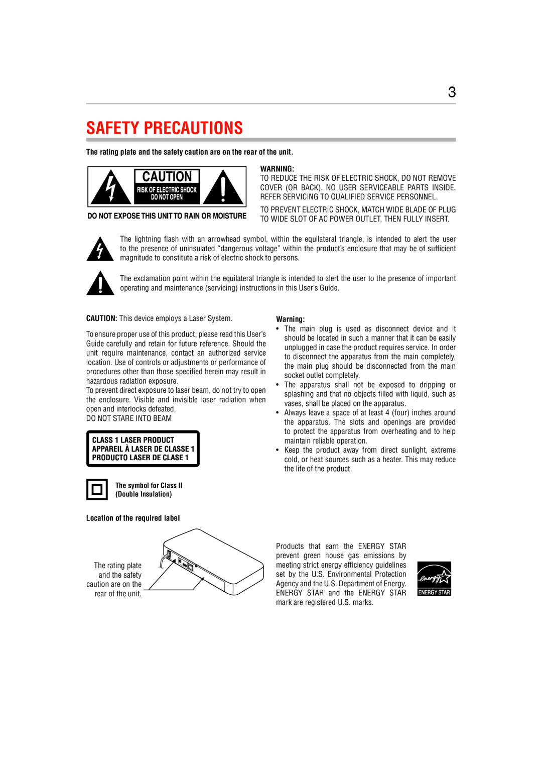 Toshiba BDX5400KC manual Safety Precautions, Location of the required label 