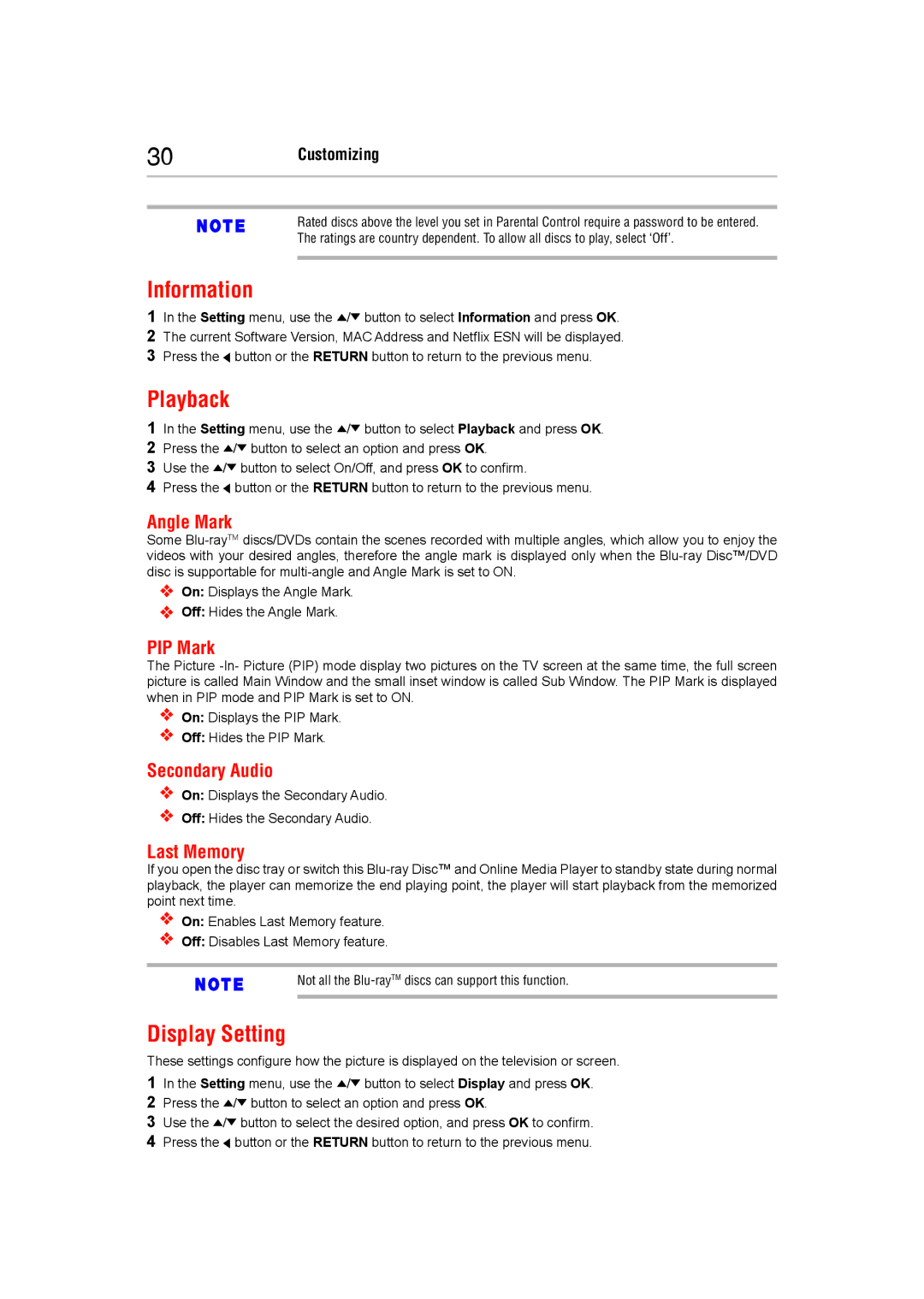 Toshiba BDX5400KC manual Information, Playback, Display Setting 