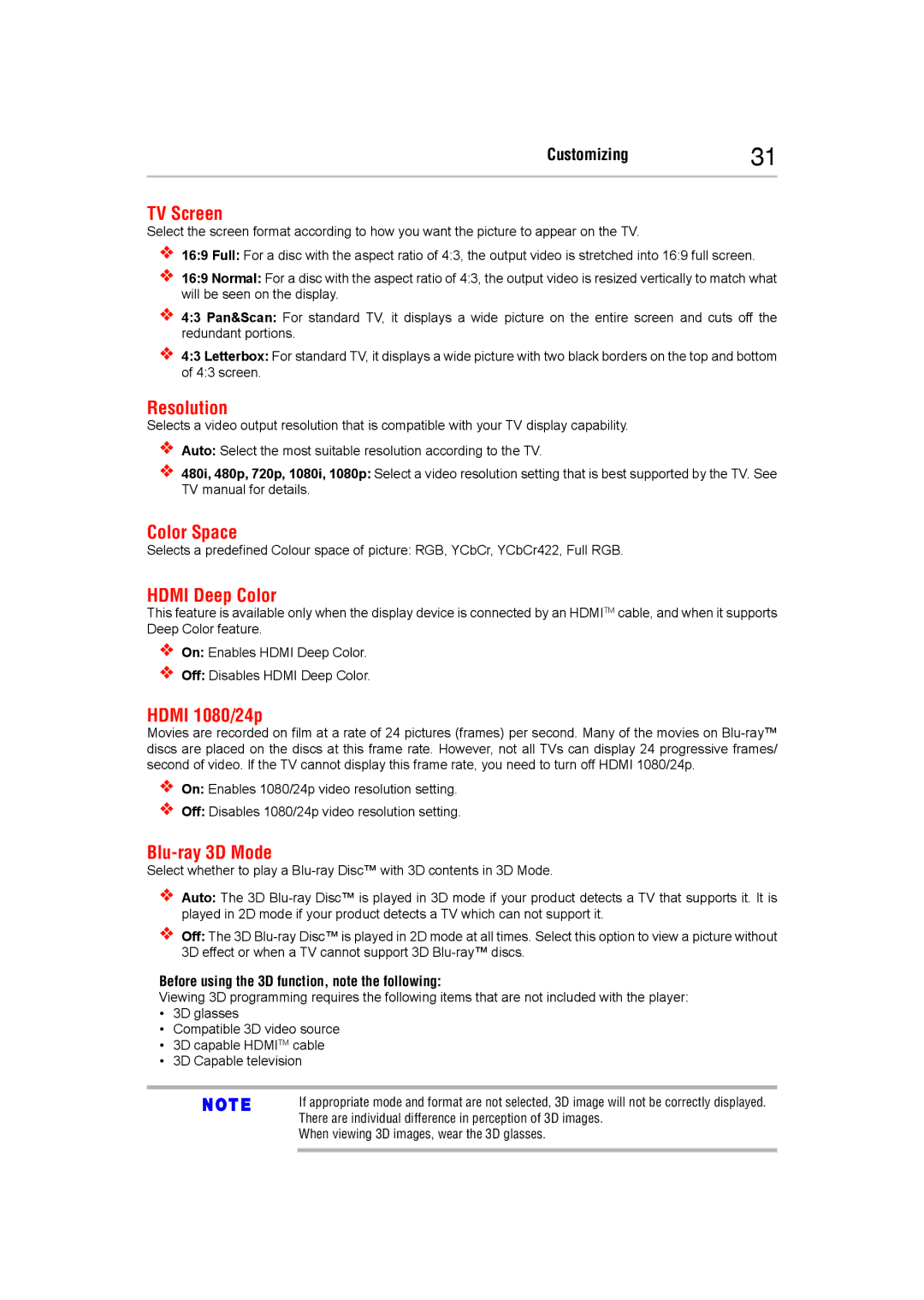 Toshiba BDX5400KC manual TV Screen, Resolution, Color Space, Hdmi Deep color, Hdmi 1080/24p, Blu-ray 3D Mode 