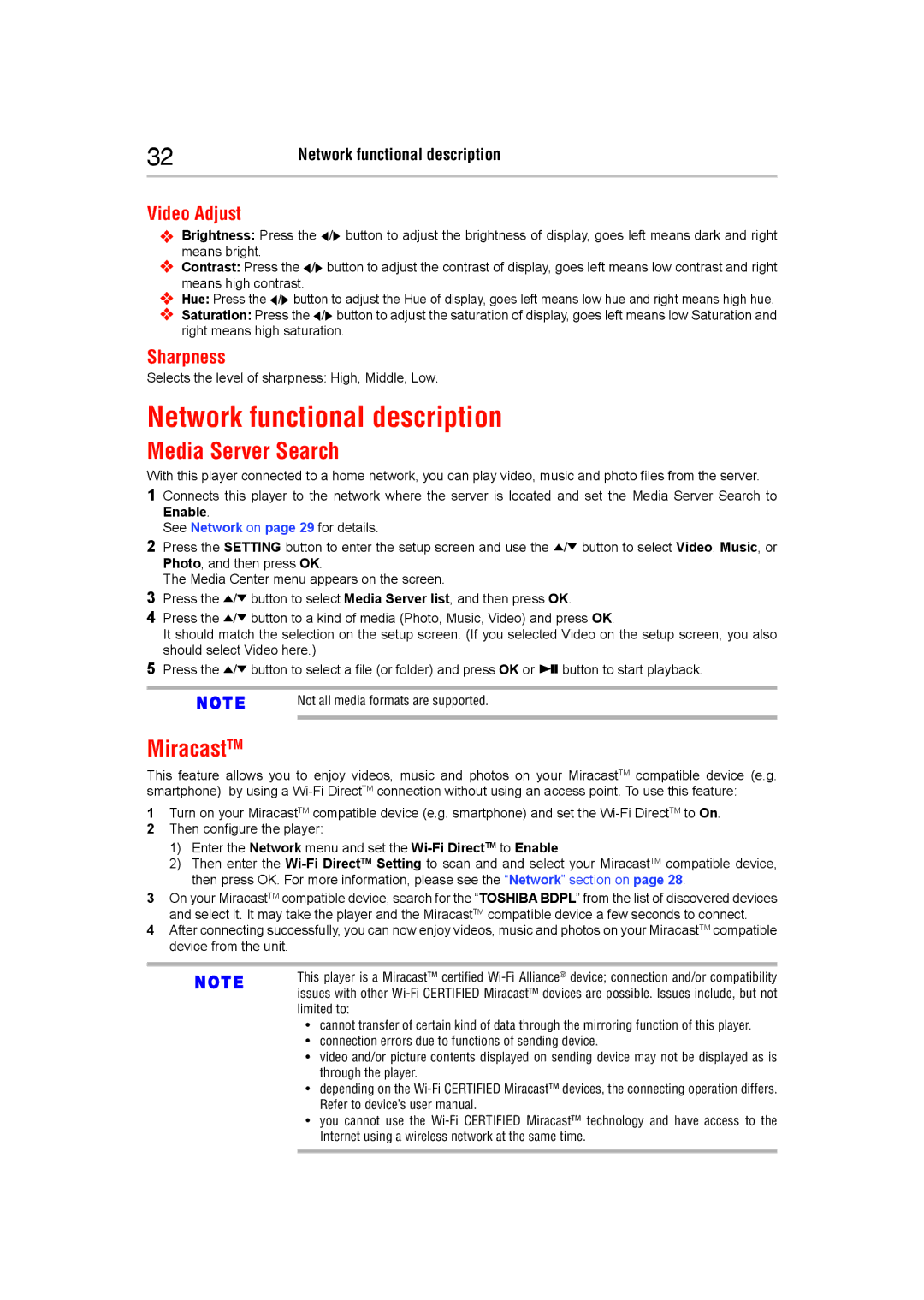 Toshiba BDX5400KC manual Network functional description, Media Server Search, MiracastTM, Video Adjust, Sharpness 