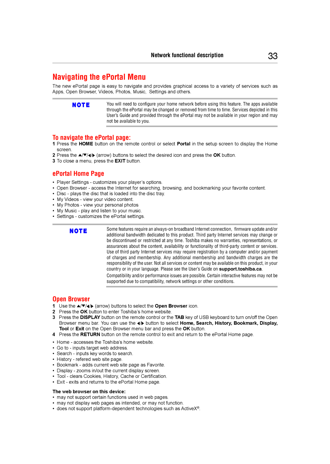Toshiba BDX5400KC manual Navigating the ePortal Menu, To navigate the ePortal, Open Browser, Web browser on this device 