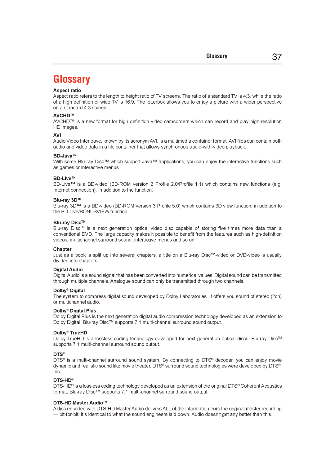 Toshiba BDX5400KC manual Glossary 