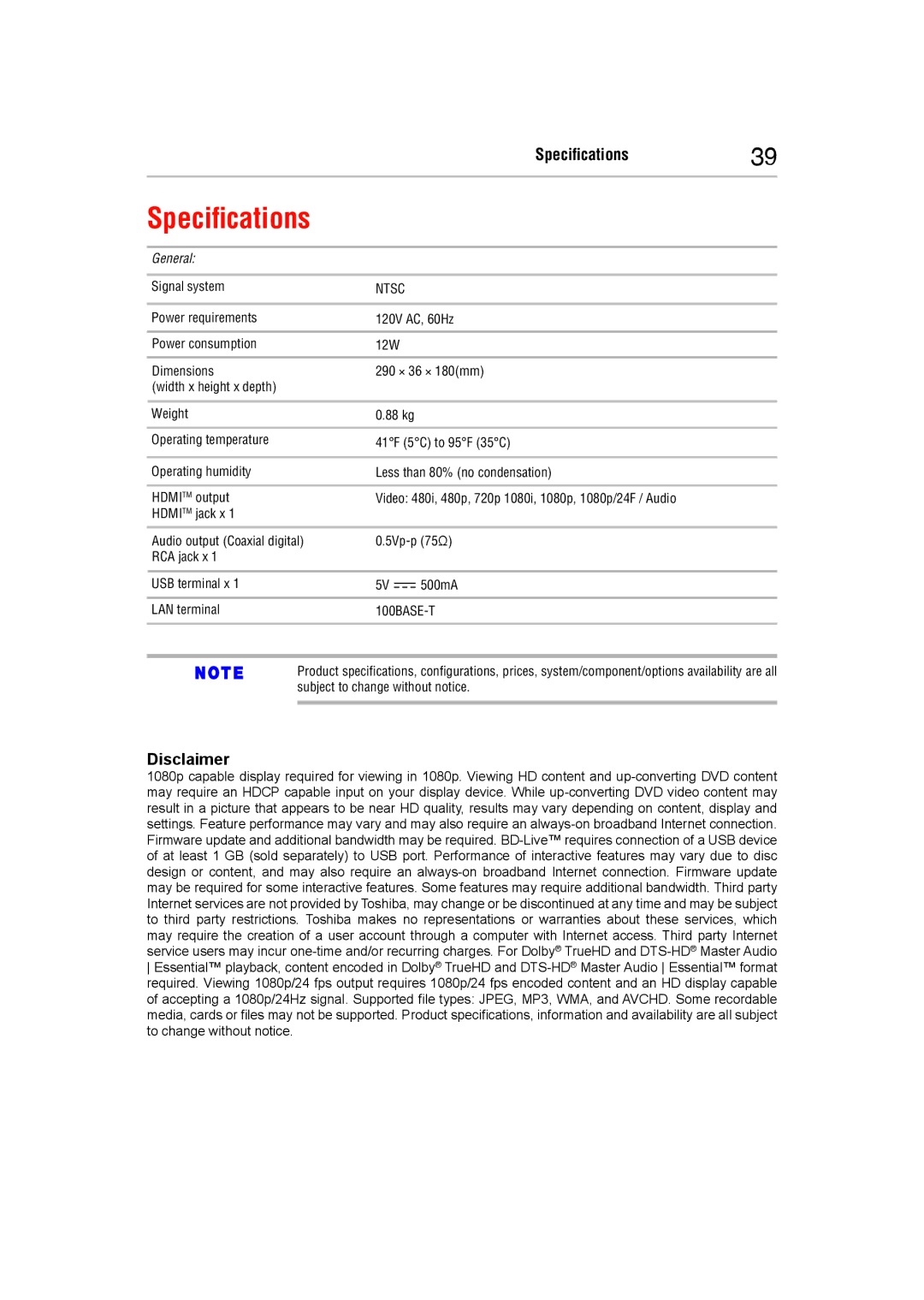 Toshiba BDX5400KC manual Specifications, General 