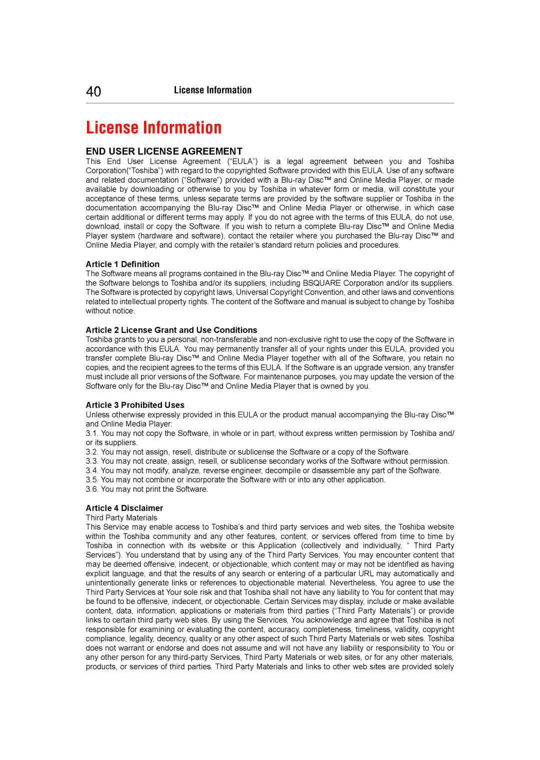 Toshiba BDX5400KC manual License Information, Article 1 Definition, Article 2 License Grant and Use Conditions 