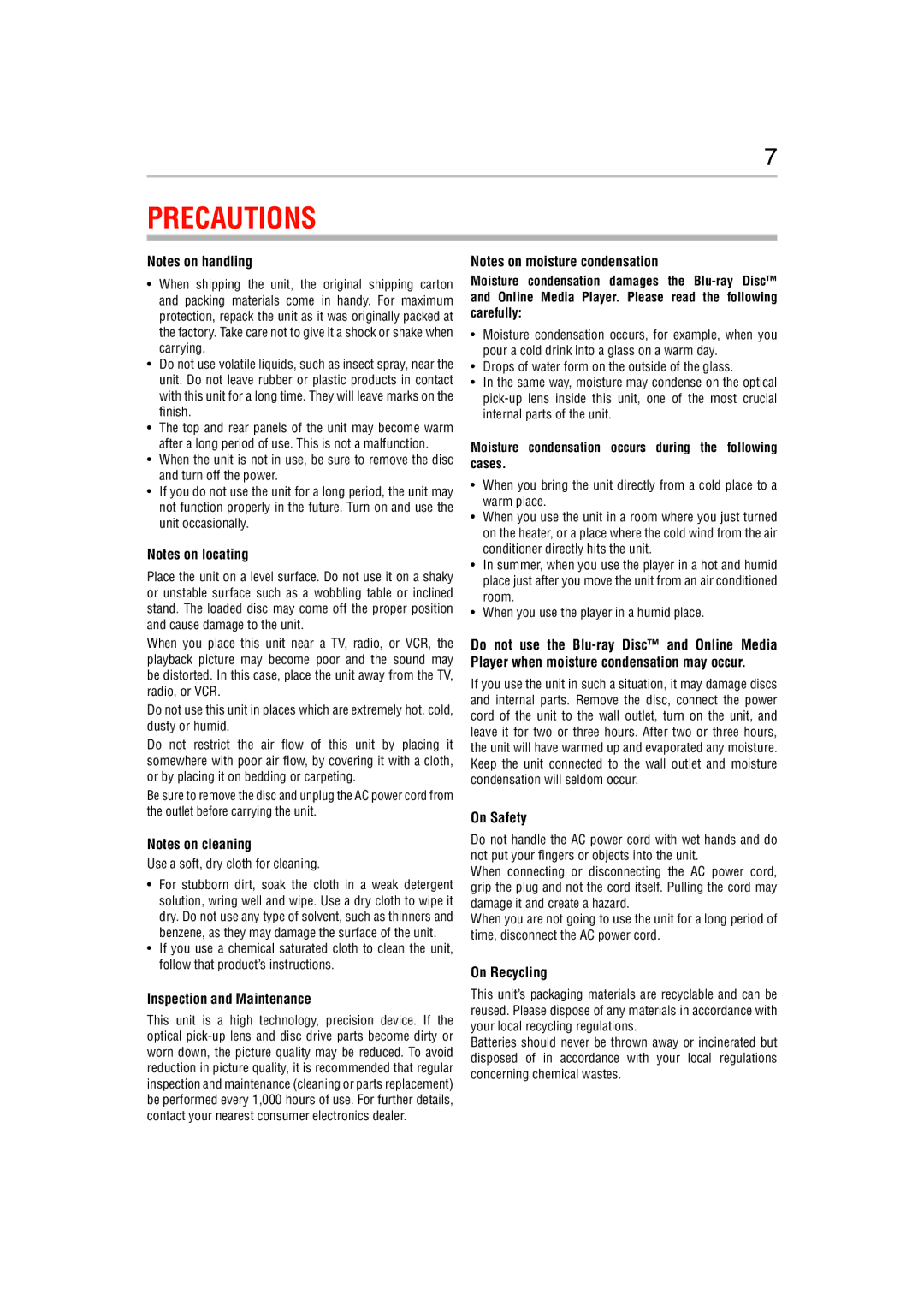 Toshiba BDX5400KC manual Moisture condensation occurs during the following cases, Inspection and Maintenance, On Safety 