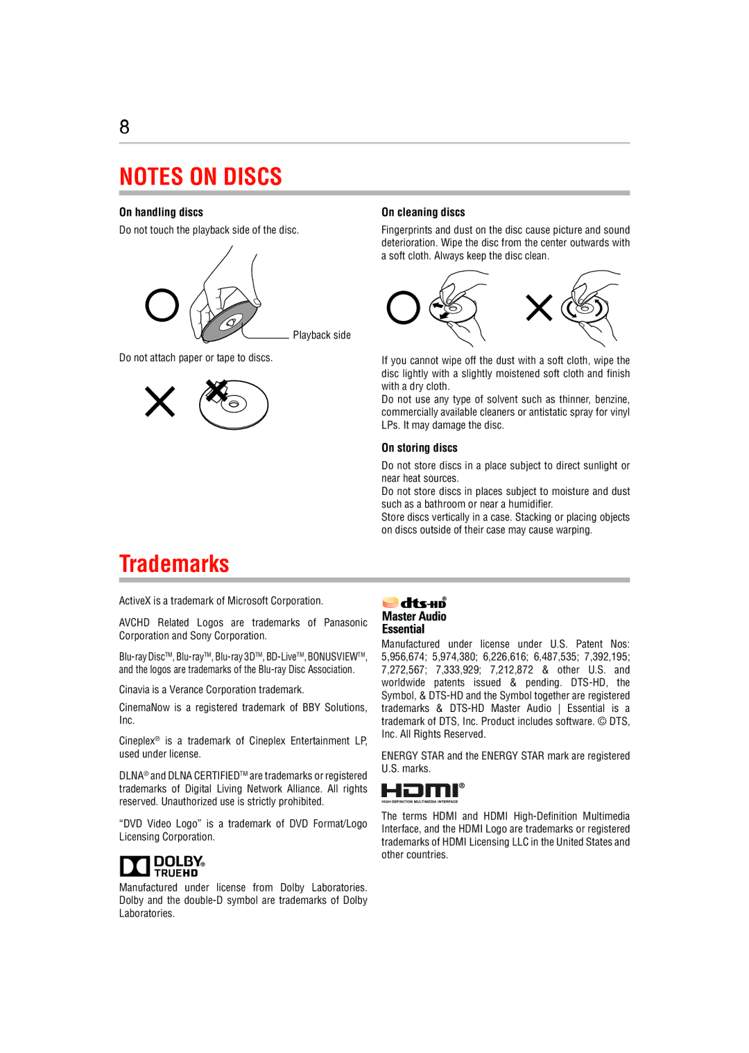 Toshiba BDX5400KC manual Trademarks, On handling discs, On storing discs 