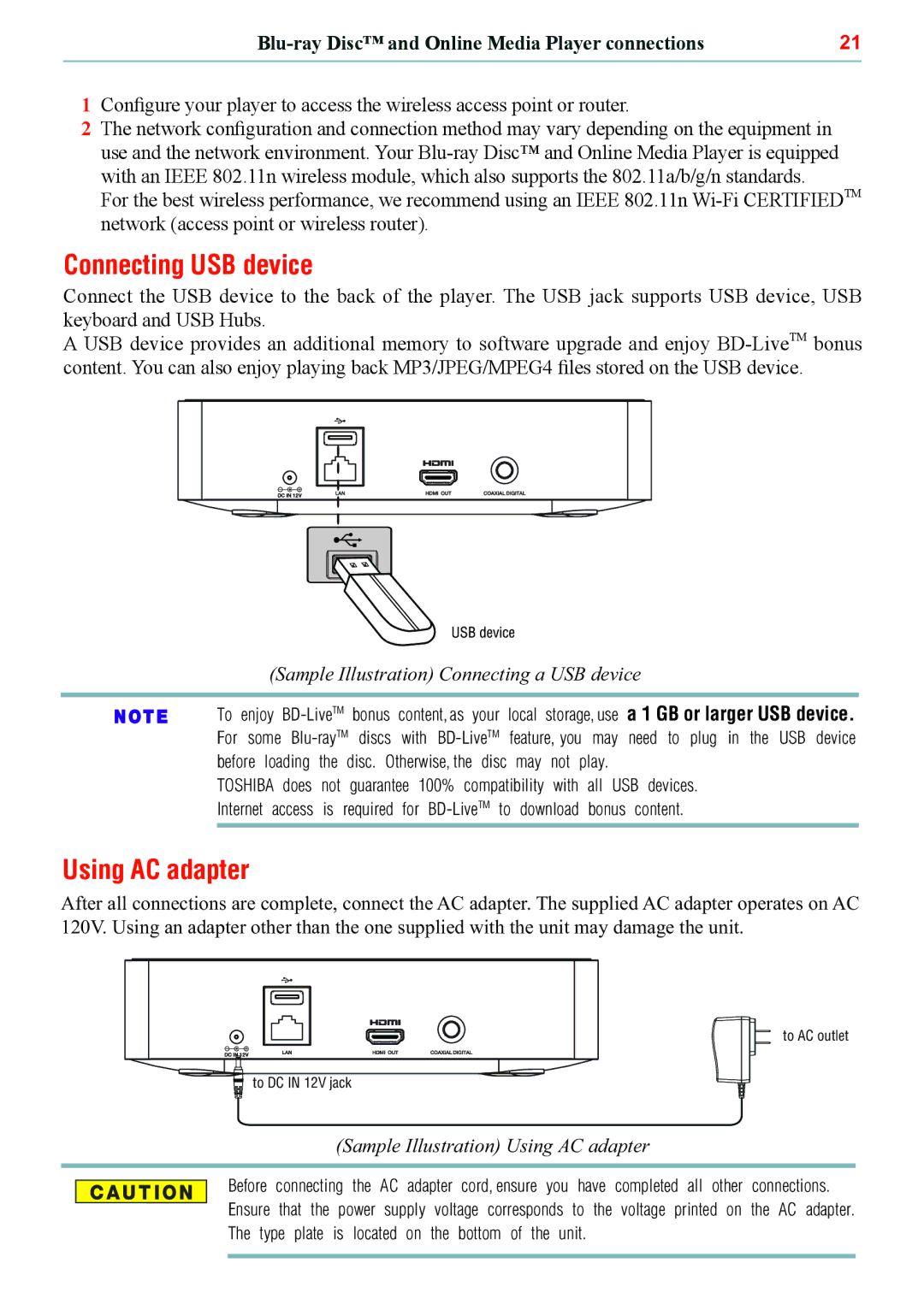 Toshiba BDX5500KC manual Connecting USB device, Using AC adapter 